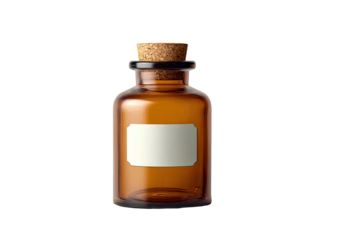 Brown bottle, blank label, cork top on solid black background