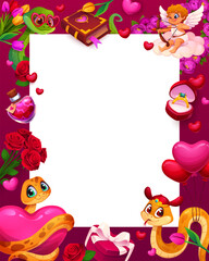 Obraz premium Valentine day greeting card template or frame surrounded by cute romantic elements like snakes with hearts, flowers, cupid, love potion, gift box and balloons. Cartoon vector border with copy space