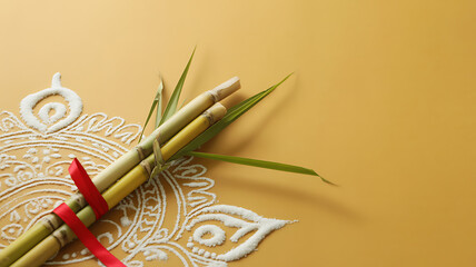 Bamboo stalks tied with red ribbon and green leaves on a yellow background with white mandala pattern