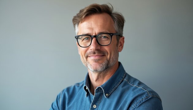 Middle aged man with glasses smiles at camera. Wears blue denim shirt. Confident male adult looks directly in studio. Mature guy with short beard poses for headshot on grey background. Person looks