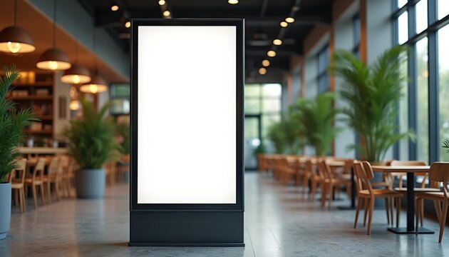 Blank vertical digital screen billboard stands inside a modern cafe or restaurant with large windows and plants. This empty ad space is ready for your custom content presentation.