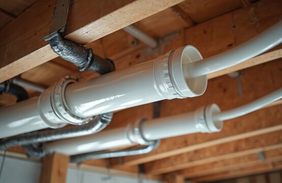 White plastic plumbing pipes installed under wooden ceiling joists. New PVC PEX piping system part of house construction renovation project. Modern water lines run through timber building structure