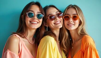 Three young women friends wearing sunglasses and colorful summer clothes smile happily. They pose closely together in studio against blue background. Friendship joy summer fashion style.