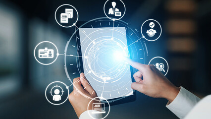 Job search icons show recruitment, HR management, and employee career growth. Job search helps organizations hire talent, job search supports skills, and job search improves workforce. Gist