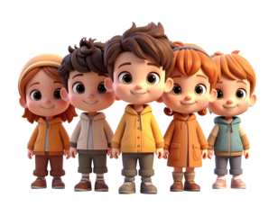Charming cartoon children group with cute smiles and stylish outfits ready for school or playful adventures together