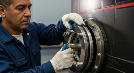 Industrial mechanic aligning large metal bearing assembly on machinery with precision tools in maintenance workshop wearing protective gloves and blue uniform focused on repair task