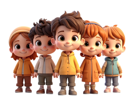 Charming cartoon children group with cute smiles and stylish outfits ready for school or playful adventures together