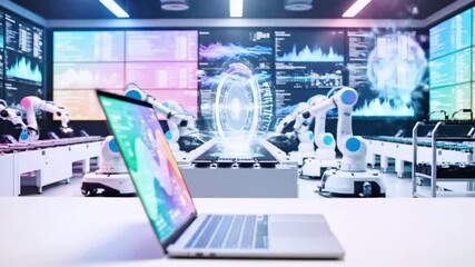 A person uses a laptop displaying data in a modern lab setting with robotic arms in the background - Powered by Adobe