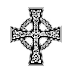 An intricate black and white Celtic cross illustration featuring complex interlacing knotwork patterns filling the flared arms and central halo ring, isolated on a clean white background