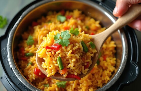 Curry rice meal in cooker. Person holds portion of dish with wooden spoon. Colorful vegetables and spices enrich recipe. Modern cuisine at home. Healthy eating. Traditional food preparation process.