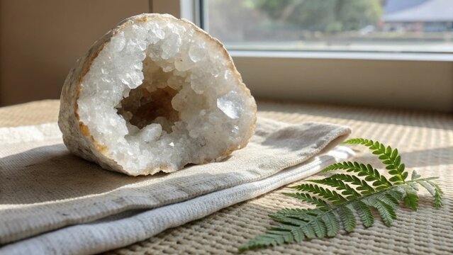 Open crystal geode on a linen mat beside a fern leaf