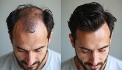 Fototapeta premium Man with thinning hair shown on left side and thick dark hair on right. Demonstrates successful hair regrowth after treatment or transplant. Youthful appearance restored.