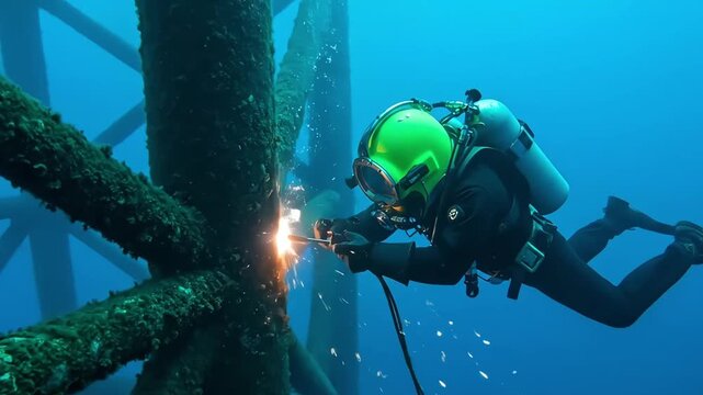 Professional underwater welder performing critical maintenance work on a submerged offshore oil rig structure, showcasing the demanding and specialized skills required for deep-sea industrial tasks