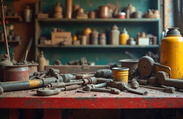 Dusty red workbench scattered rusty tools, old metal containers. Various machine parts, industrial equipment fill surface. Large yellow canister stands on table. Workshop shelves with items blur