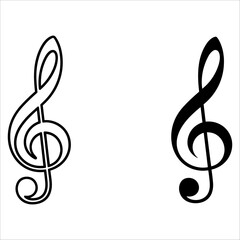 Two variations of a treble clef icon, one outlined and one filled, isolated on white background