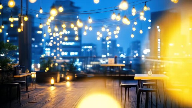Cozy Rooftop Caf&eacute; with Warm String Lights at Dusk Offering a Serene Urban Ambience for Relaxation and Enjoyment