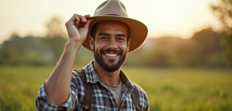 Smiling man wearing hat and plaid shirt in field. Farmer outdoors at sunset, gentle sunlight. He gestures toward his hat with a friendly, warm expression.