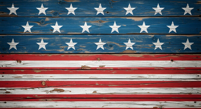 Rustic American flag painted on weathered wood planks, ideal for patriotic events, July 4th celebrations, honoring veterans, or adding vintage charm