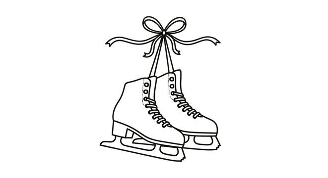 A pair of ice skates hanging from a ribbon bow in a black and white line drawing illustration