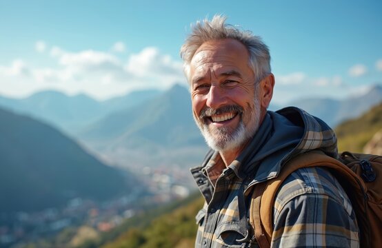 Smiling grey haired man in plaid shirt, backpack. Happy senior male enjoys scenic nature view from mountain top. Healthy adult hiker explores summer outdoor adventure travel.