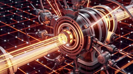 futuristic device illuminating orange and yellow energy streams | technology, science, futurism, engineering, innovation theme