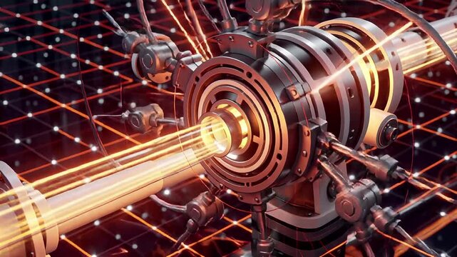 futuristic device illuminating orange and yellow energy streams | technology, science, futurism, engineering, innovation theme