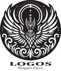 Black and white vector logo of a stylized Phoenix or Garuda bird with spread wings and a crown, set inside an ornate circular frame with tribal swirls