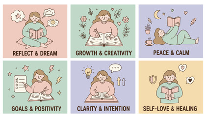 Cute set of 6 illustrations for mental wellness journaling reflection growth and selflove concepts