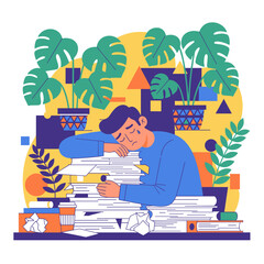 Burnout Man overwhelmed by paperwork crying from stress and heavy workload
