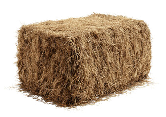 Rectangular bale of dry, textured straw against a black background