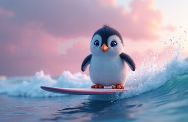 Fototapeta premium Cute cartoon penguin stands on pink surfboard riding wave in ocean. Funny white bird with orange beak, feet surfs on water in pastel pink blue background. Adorable penguin character in water sport