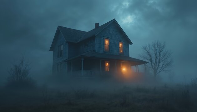 Mysterious old house in fog at night with scary light in windows. Spooky haunted home illustration concept for Halloween. Dark, eerie scene. Building with ghostly apparitions illustration. Rural
