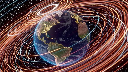 animated earth orbit: vibrant light trails and global view | technology, science, environment, travel, data theme - Powered by Adobe