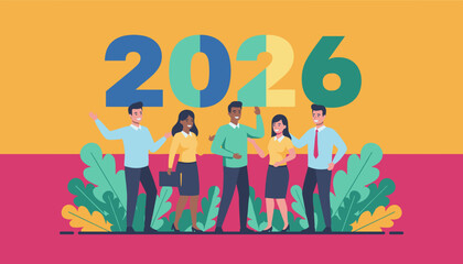 Diverse professional team welcomes 2026 Business future success and growth vector concept