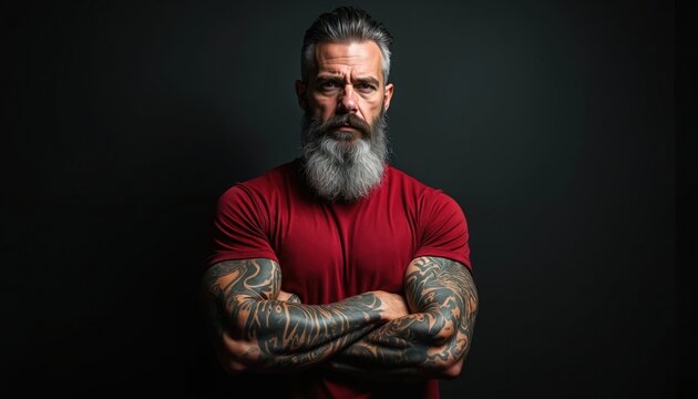 Mature man with grey beard, tattooed arms poses. Wears red t-shirt, stands with arms crossed. Confident guy looks serious at camera on dark background. Strong male portrait, showing masculinity,