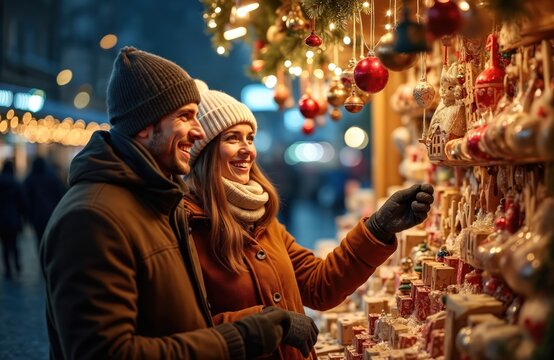 Happy young couple shops at festive Christmas market. Choose gifts, holiday decorations from decorated street stall. Smiling man, woman enjoy winter evening together, sharing love, joy. People buy