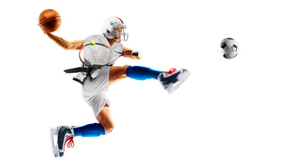 Multi-sport. A fun collage of a single person's many sports and hobbies, isolated on a white background. Boxing, basketball, cycling, soccer, American football, hockey, fitness, gym