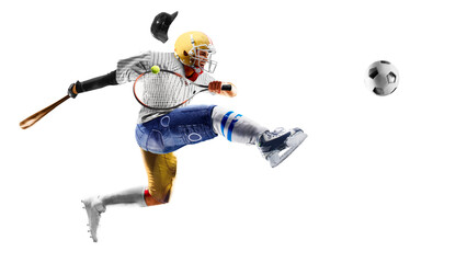 Multi-sport. A fun collage of a single person's many sports and hobbies, isolated on a white background. Boxing, basketball, cycling, soccer, American football, hockey, fitness, gym