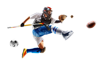 Multi-sport. A fun collage of a single person's many sports and hobbies, isolated on a white...