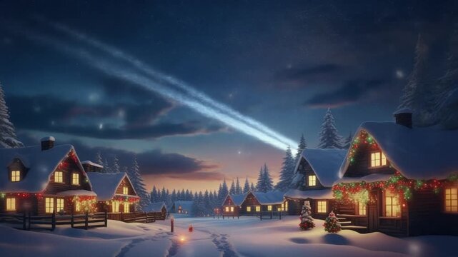 A cinematic animation of a bright shooting star streaking across the night sky above a snowy