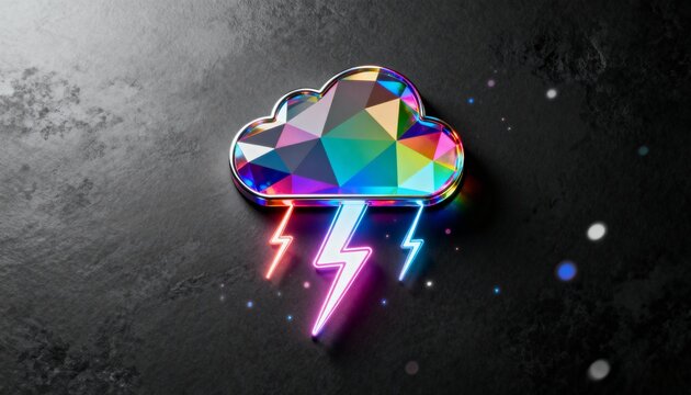 Colorful cloud icon with lightning bolts on a dark surface showcasing vibrant graphics and design - Powered by Adobe