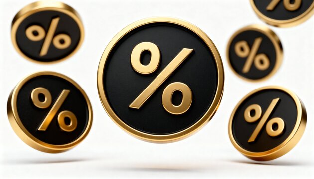 Gold and black percentage symbols floating against a white background, representing sales and discounts in finance
