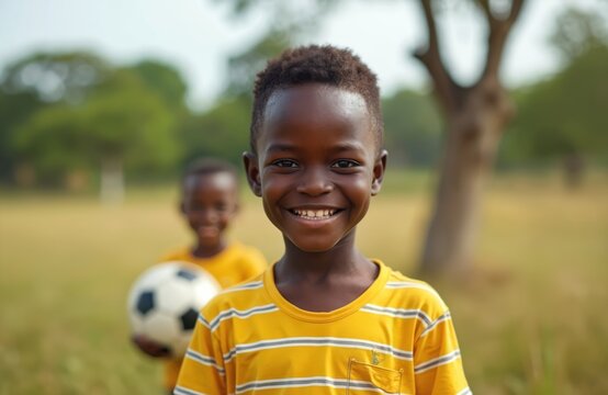 Smiling young African boy in yellow striped shirt plays soccer outdoors. Friend holds ball in grassy field background. Children enjoy active fun and friendship, reflecting happy childhood.
