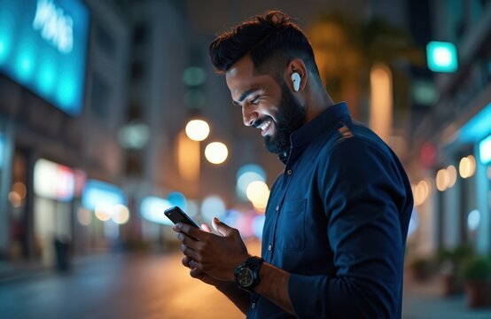 Young Indian man stands on night city street. Smiles, watching smartphone screen. Earbud in ear. Uses mobile phone for video, chat, rich online content. Urban pro uses tech for communication, digital
