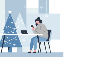 Holiday stress Woman working remotely with laptop by Christmas trees Isolated winter work