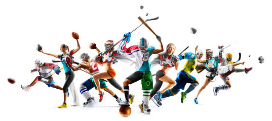 Multi-sport. A fun collage depicting numerous sports and hobbies on a single person against a white. Boxing, basketball, paintball, soccer, American football, hockey, cycling, fitness, and gymnastics.