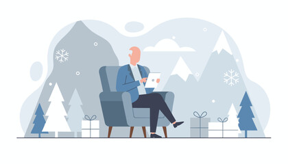 Senior man using a tablet in an armchair against a stylized snowy winter landscape with trees and gifts