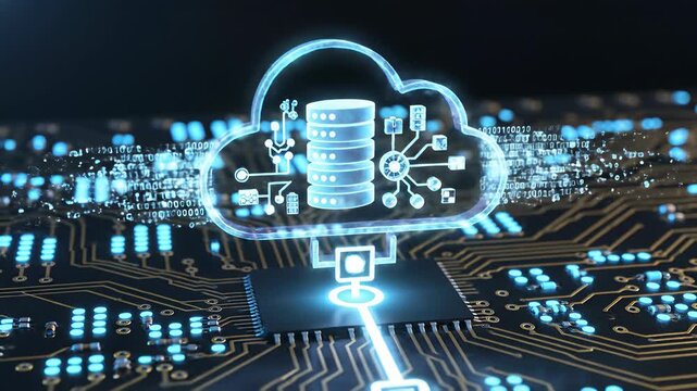 Cloud computing concepts converge in a futuristic yet serene dual image scene, juxtaposing the ethereal nature of clouds with the precision and innovation of computer circuit boards.