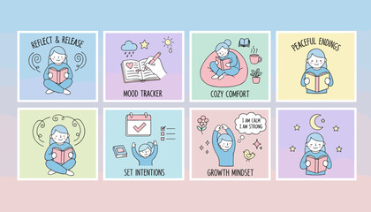 Set of cute selfcare illustrations growth mindset mood tracking intentions and peaceful relaxation