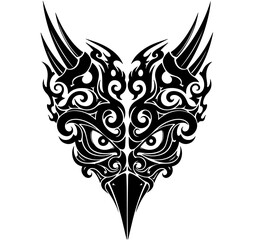 This striking black and white tribal art features a stylized owl face composed of aggressive swirls and sharp curves, with intense eyes and a pointed beak creating a fierce, symmetrical tattoo emblem